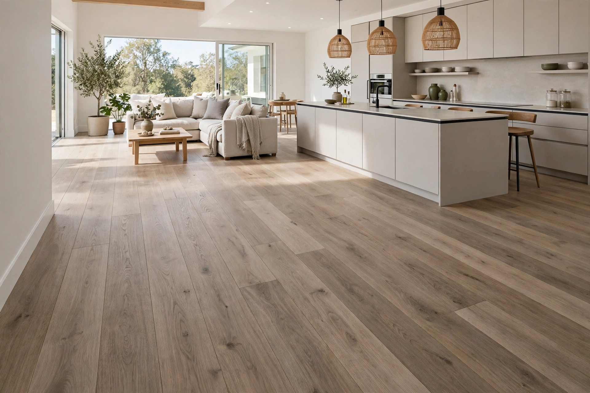 Extra-wide plank oak flooring in an open-plan space